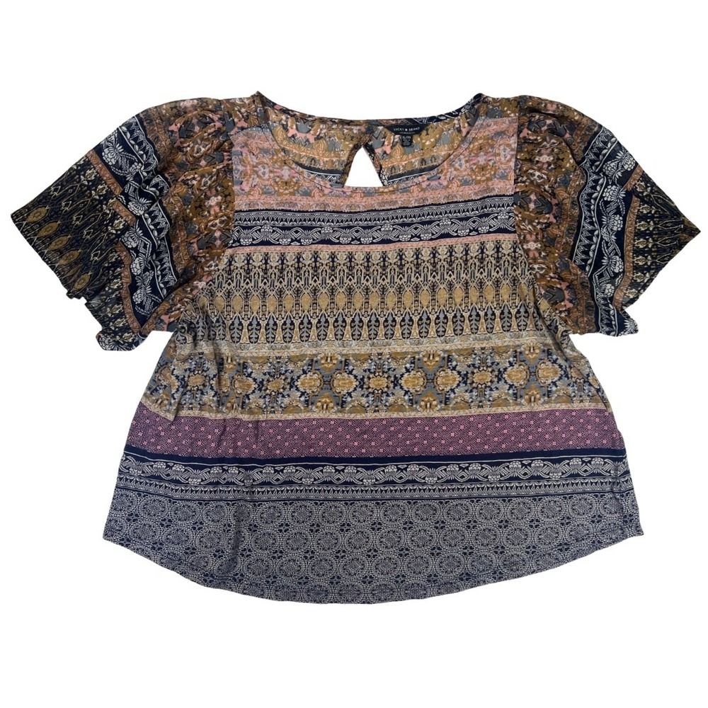 Lucky‎ Brand Boho Peasant Top XL Mixed Print Flutter Sleeve Keyhole Blouse